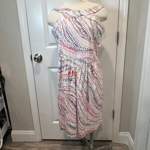 Zoda Women's Size 16 White Red Blue Tan Dotted A-Line Midi Dress